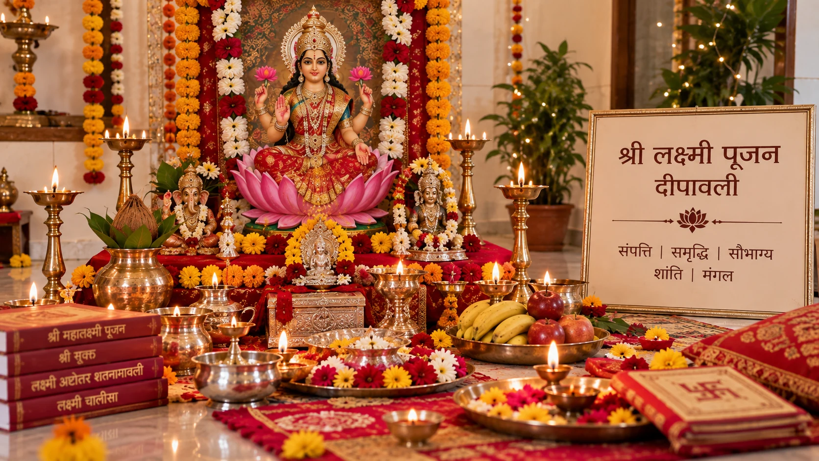 Lakshmi Poojan with glowing diyas on Deepawali