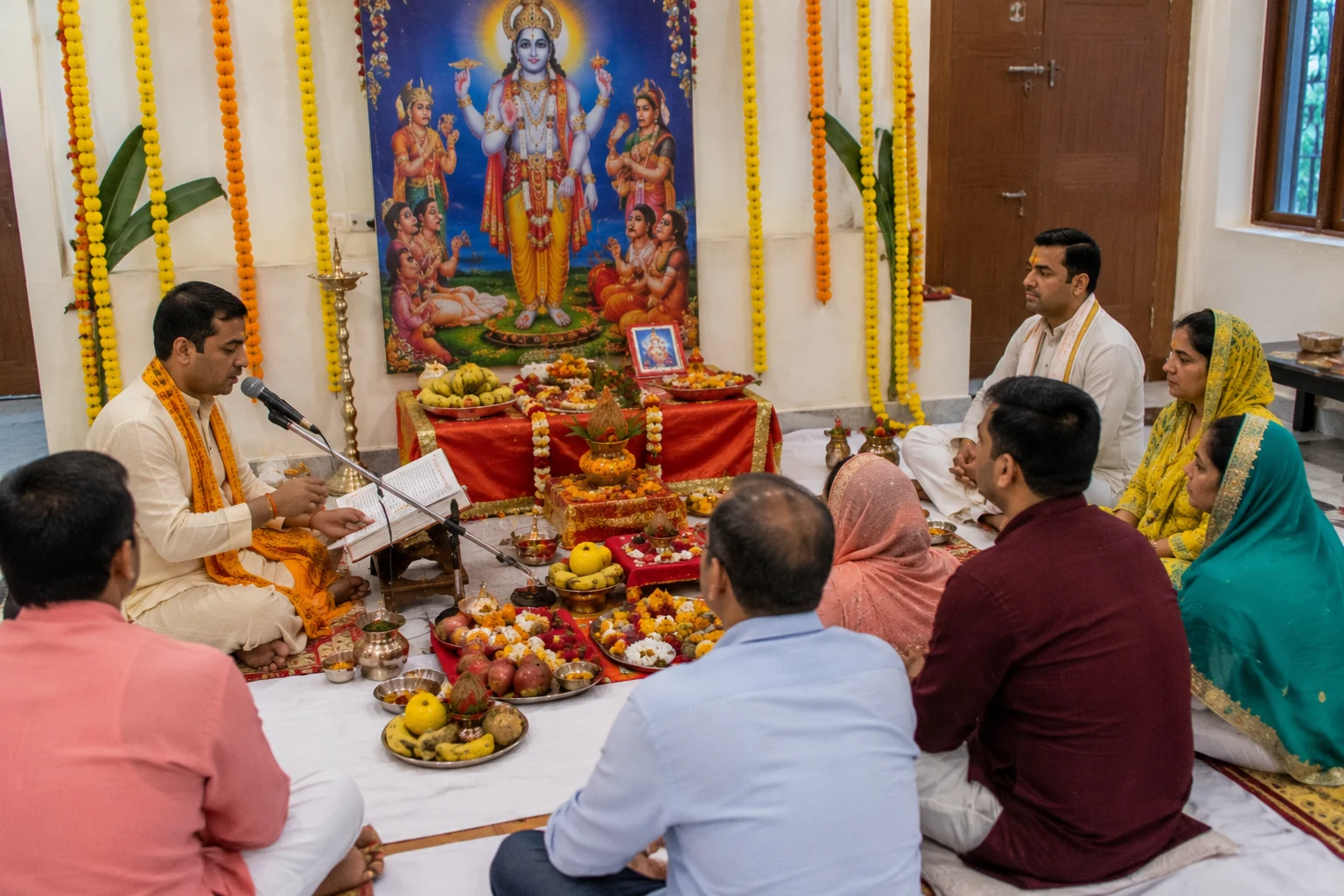 Satyanarayan Katha — five-chapter worship with prasad